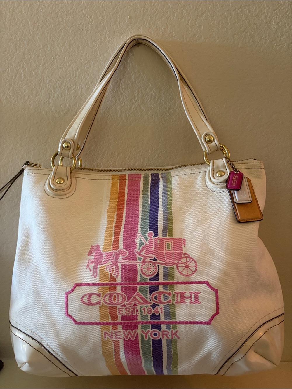 Coach White Canvas Tote with Multicolor Stripe and Pink Logo